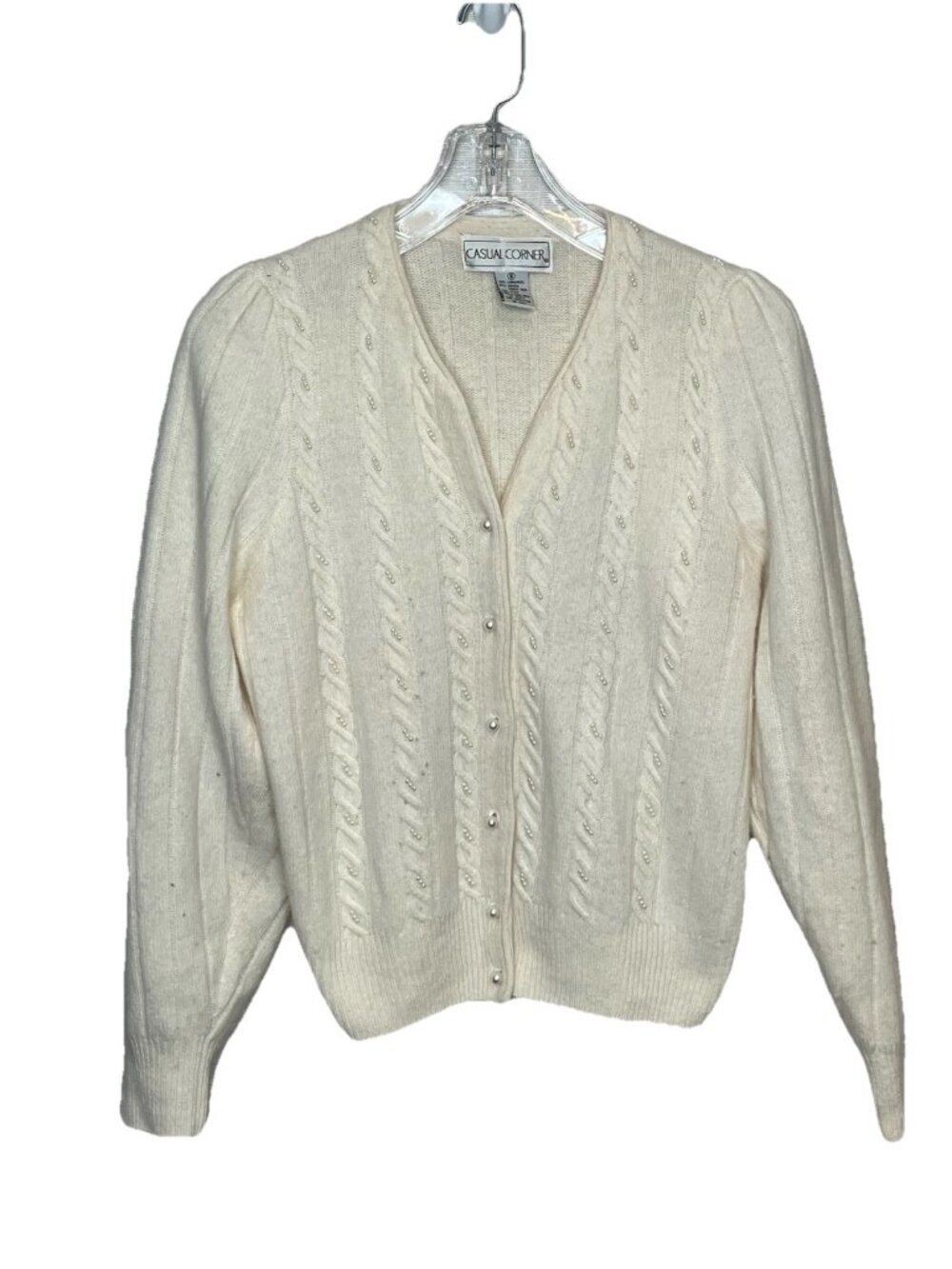 Vtg Casual Corner Lambswool Angora Pearl Cable Knit Cardigan Sweater S Coquette